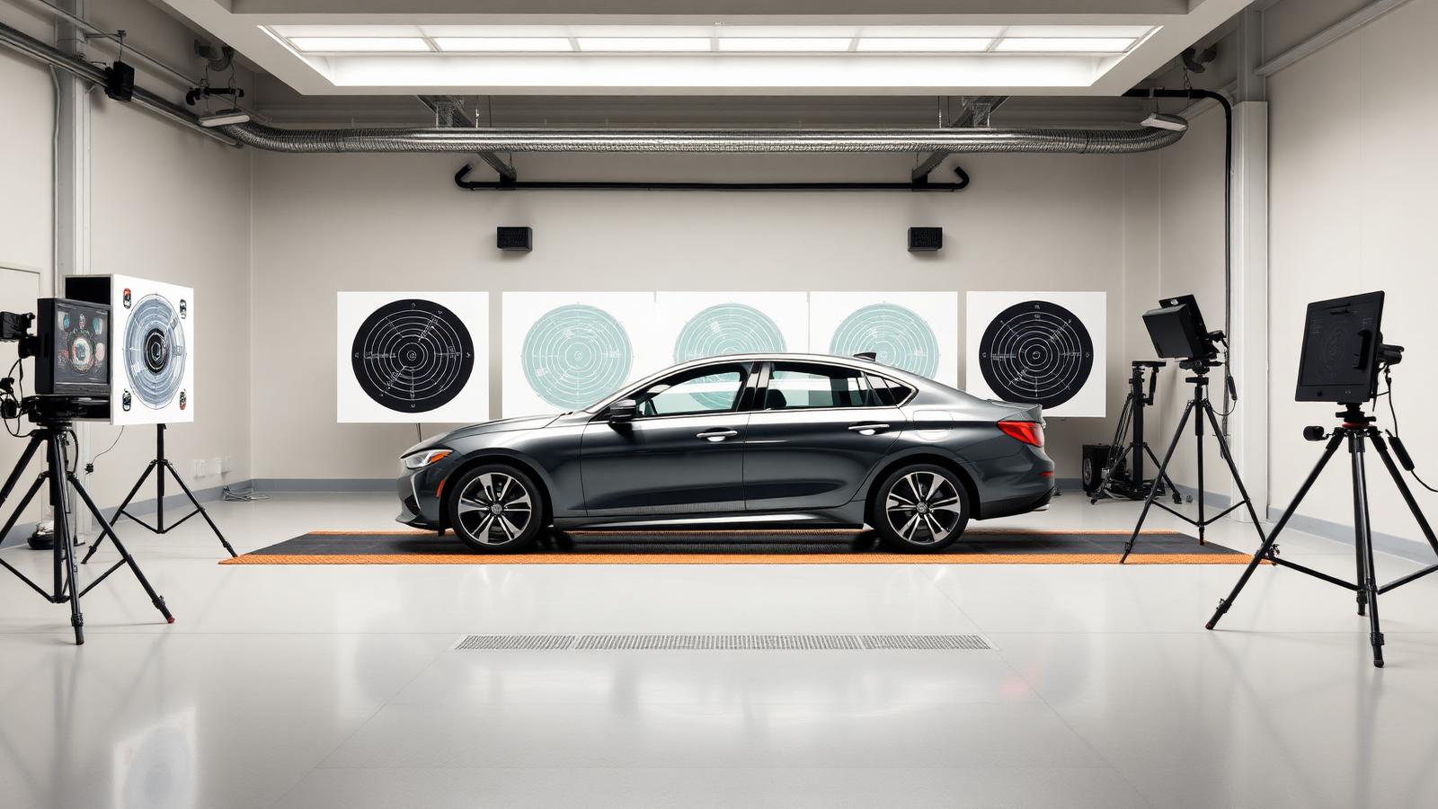 Vehicle positioned in front of ADAS calibration targets at Ascend Collision Center in Louisville, KY