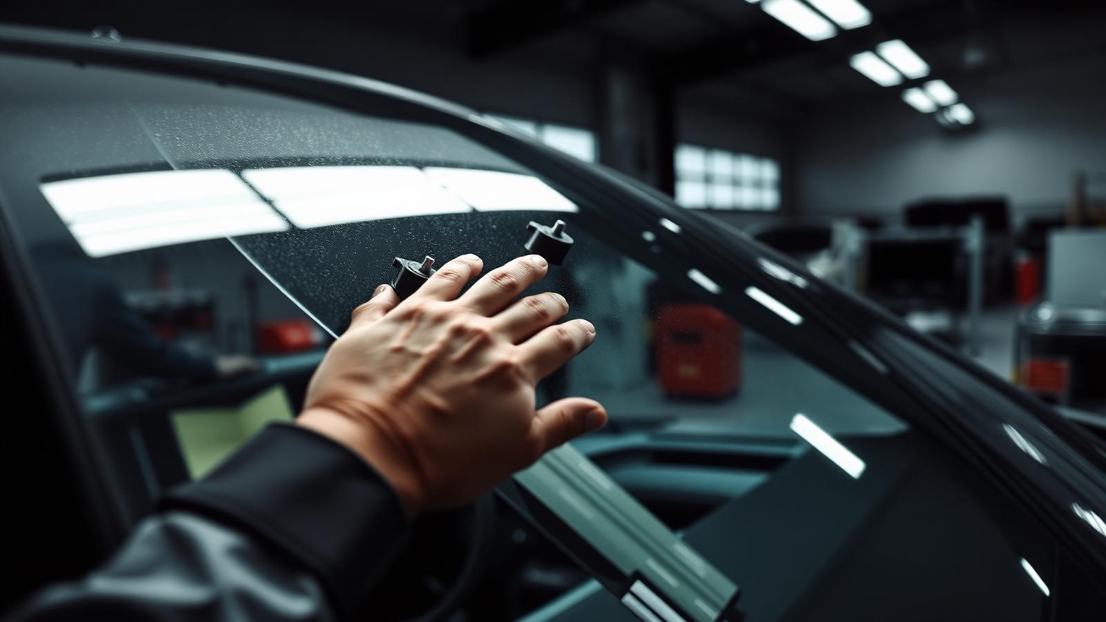 Auto glass technician installing a new windshield on a vehicle at Ascend Collision Center in Louisville, KY