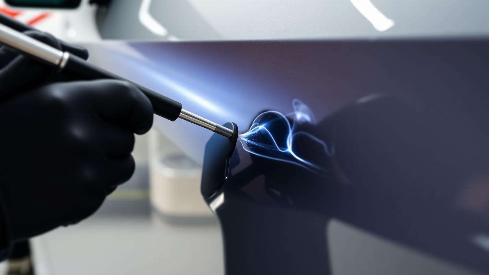 Technician performing paintless dent repair with specialized rods at Ascend Collision Center in Louisville, KY