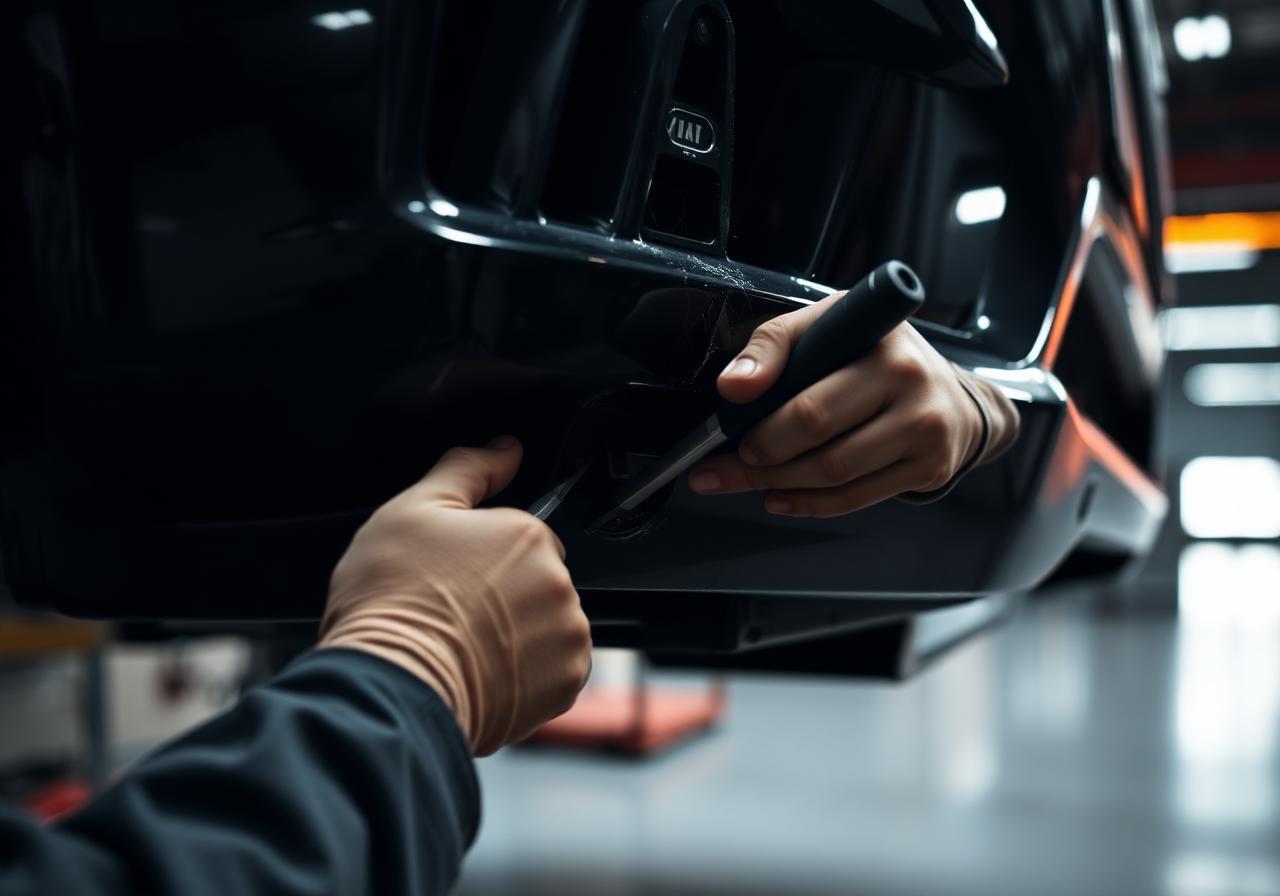 Technician inspecting damaged bumper in Louisville auto body shop